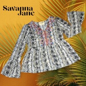 Savanna Jane Embroidered Blouse Top Bell Sleeves Black, Tan & White Snake M